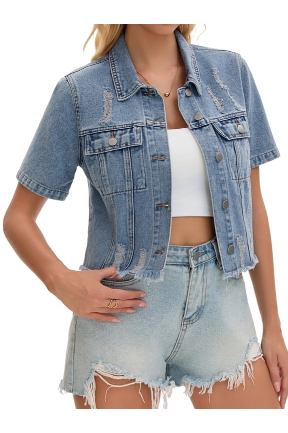 Women's Short Sleeve Button Up Ripped Frayed Cropped Jean Jacket M Gray Blue