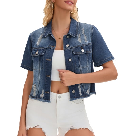 DARING DIVA Women's Short Sleeve Button Up Ripped Frayed Cropped Jean Jacket S Blue