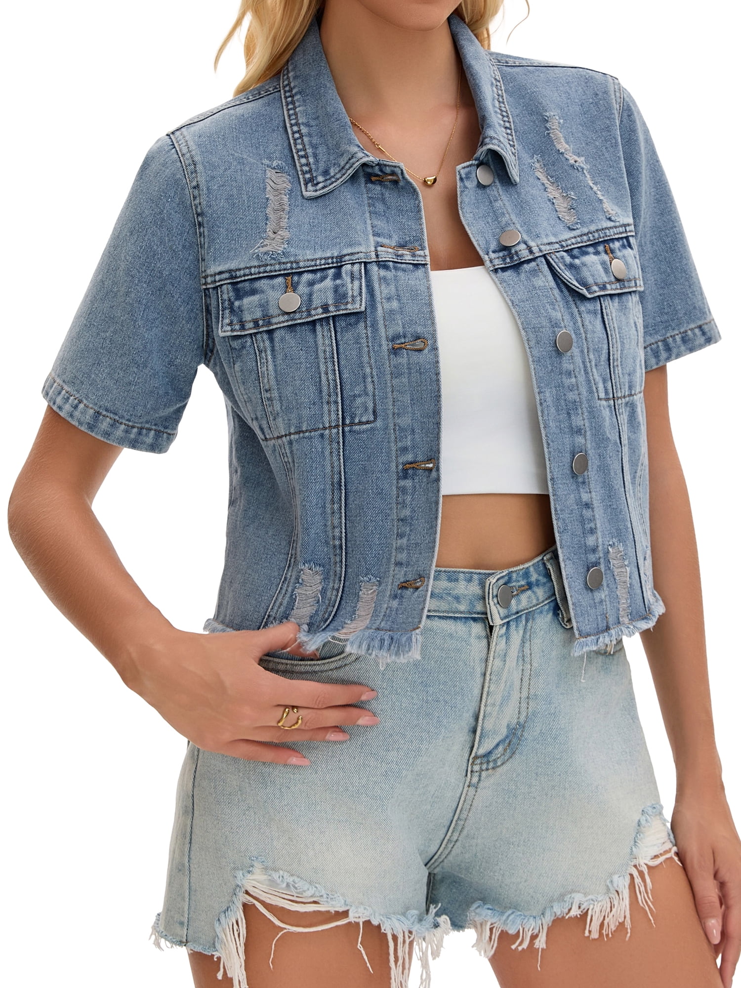 DARING DIVA Women's Short Sleeve Button Up Ripped Frayed Cropped Jean Jacket S Gray Blue