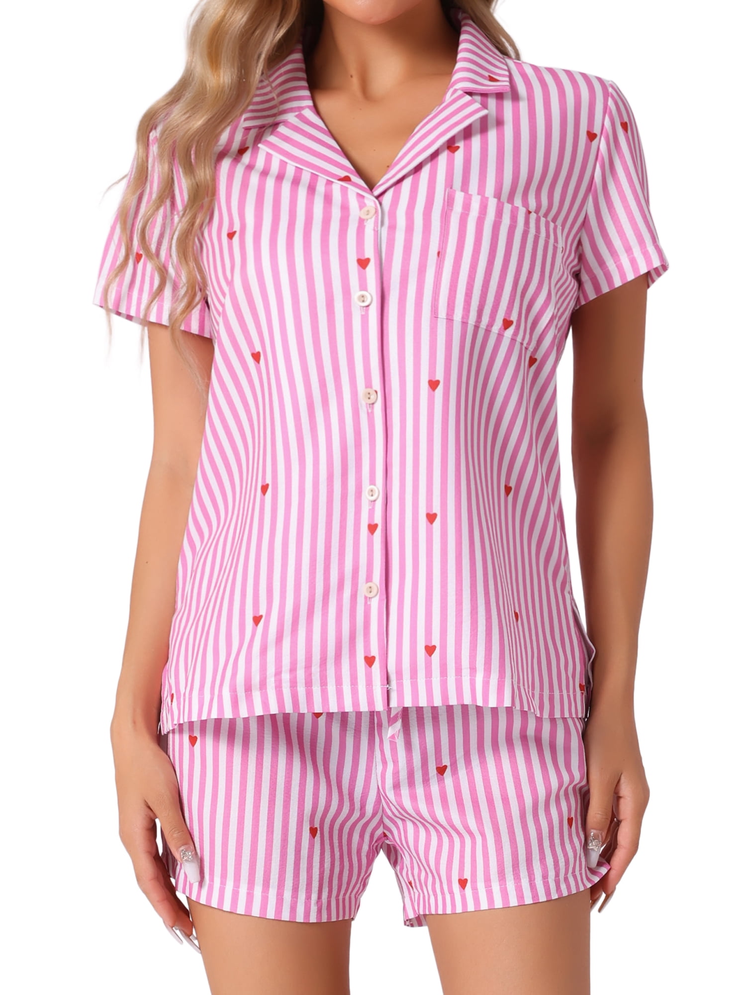 DARING DIVA Women's Short Sleeve Button Up Top and Shorts Pajamas Set L Pink