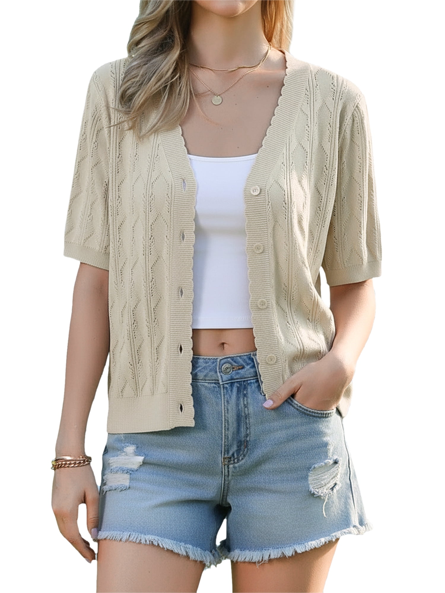 DARING DIVA Women's Short Sleeve Casual V Neck Lightweight Cardigan L Beige
