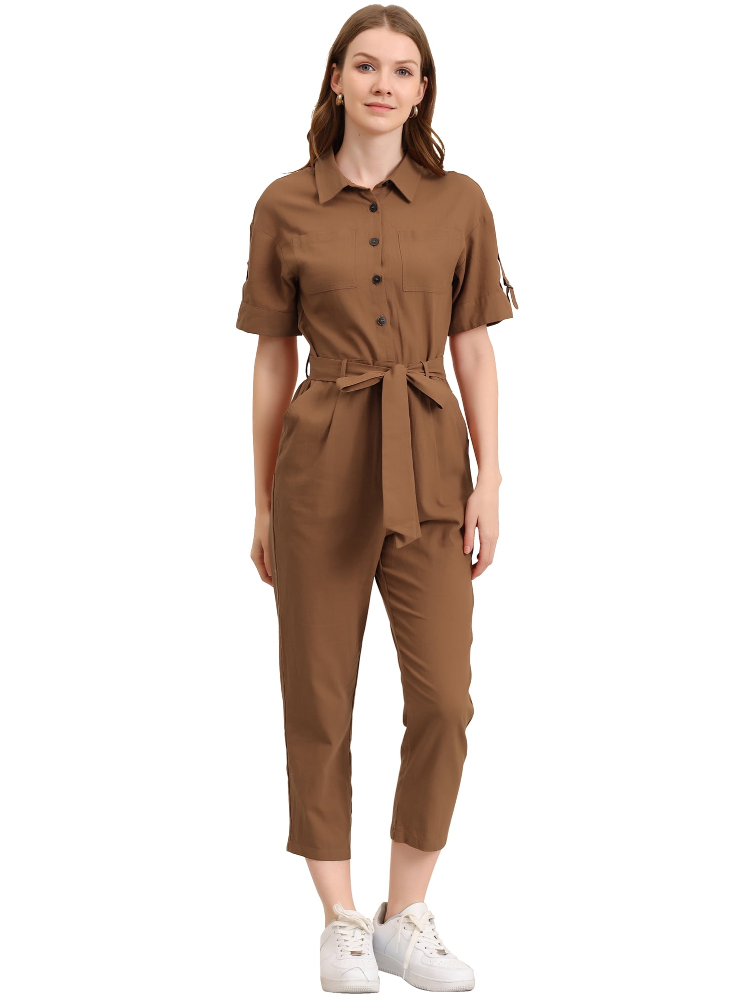 DARING DIVA Women's Short Sleeve Collared Cropped Button Down Tie Waist Jumpsuit M Brown