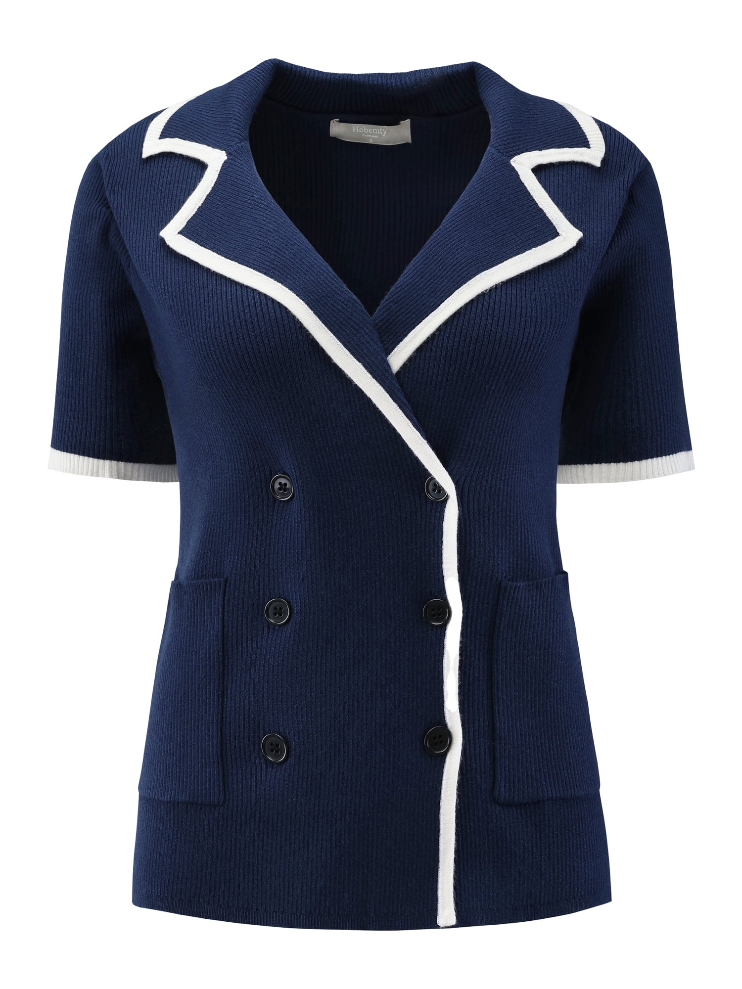 DARING DIVA Women's Short Sleeve Contrast Color Knit Sweater Cardigan L Dark Blue