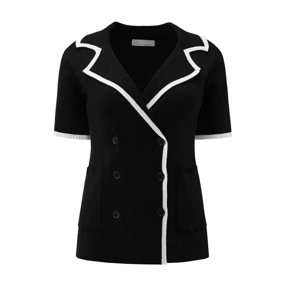 DARING DIVA Women's Short Sleeve Contrast Color Knit Sweater Cardigan XL Black