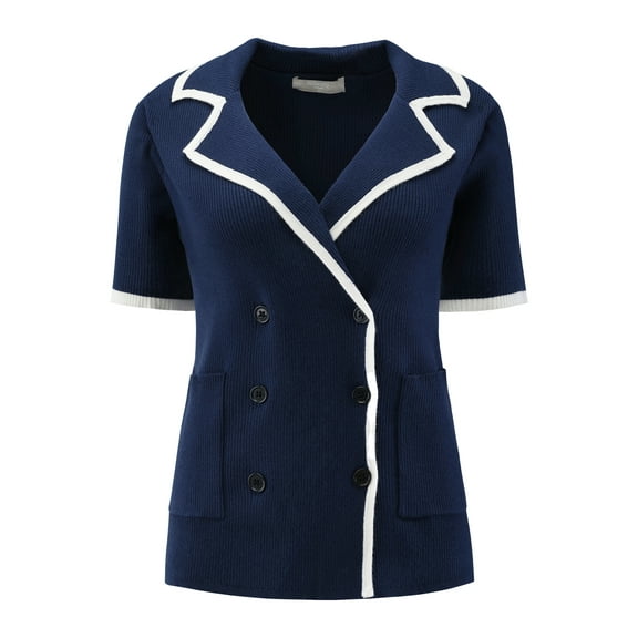 DARING DIVA Women's Short Sleeve Contrast Color Knit Sweater Cardigan XL Dark Blue