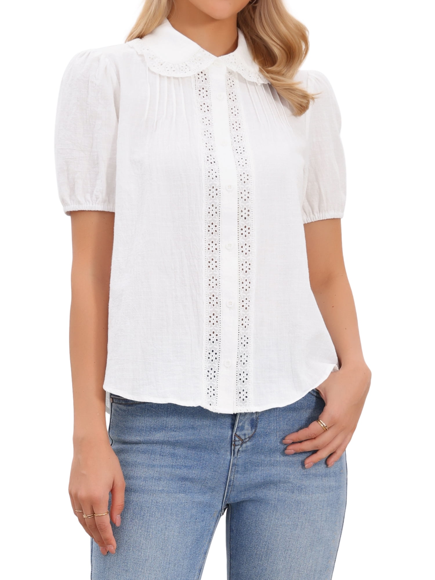 DARING DIVA Women's Short Sleeve Cotton Blouse Peter Pan Collar Crochet Panel Top XL White