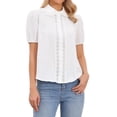 thumbnail image 1 of DARING DIVA Women's Short Sleeve Cotton Blouse Peter Pan Collar Crochet Panel Top XS White, 1 of 6