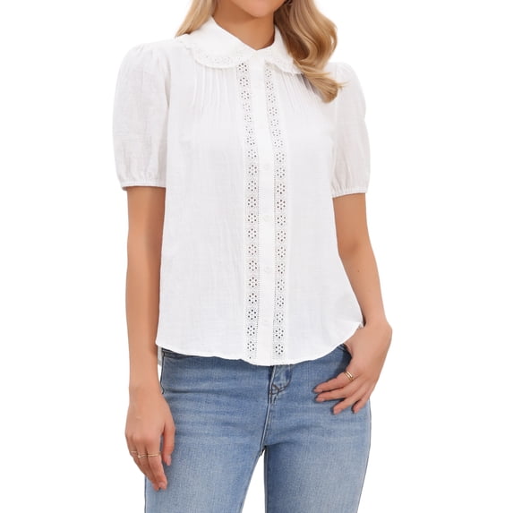 DARING DIVA Women's Short Sleeve Cotton Blouse Peter Pan Collar Crochet Panel Top XS White