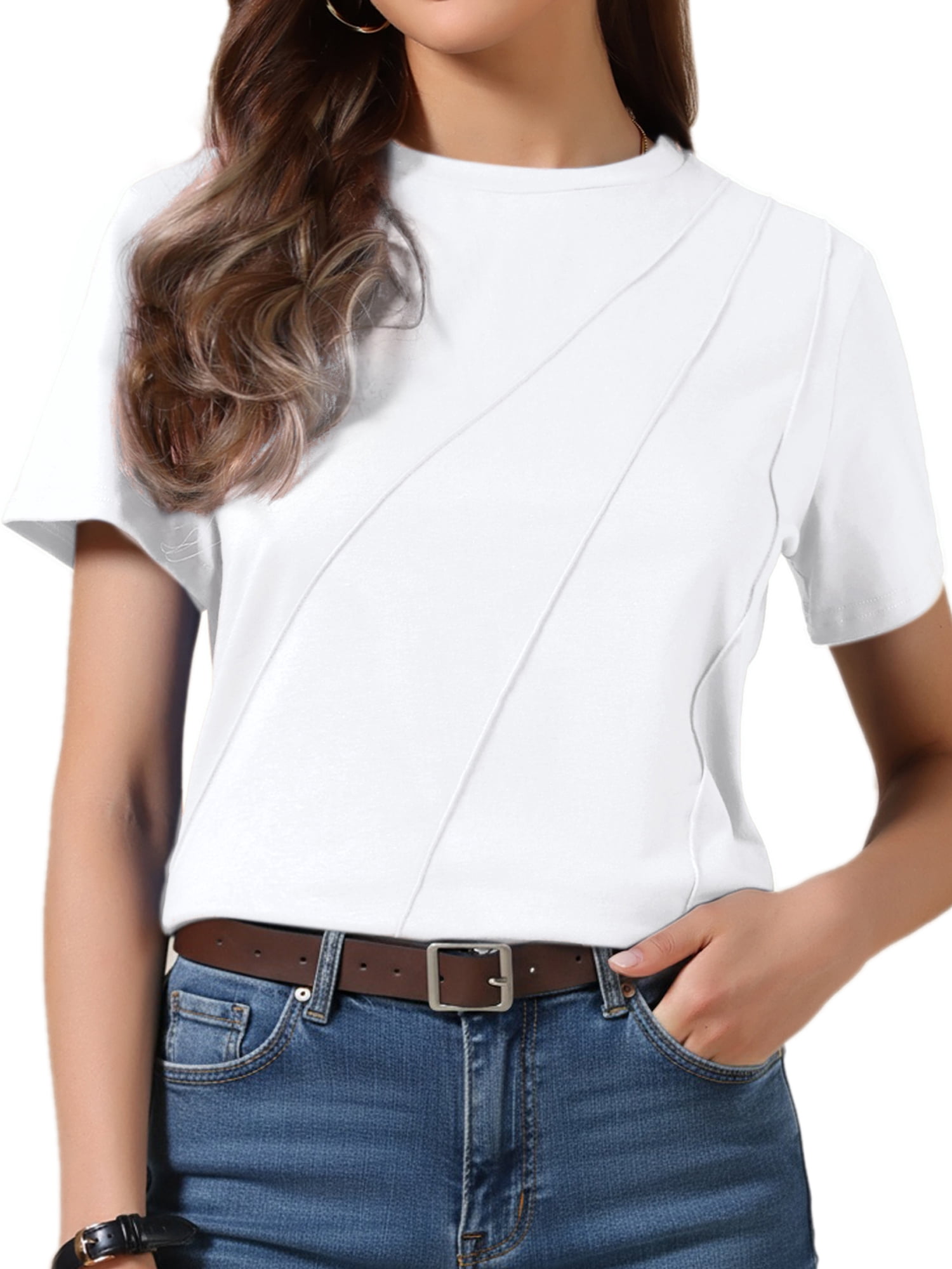 DARING DIVA Women's Short Sleeve Crew Neck Business Casual Blousess S White