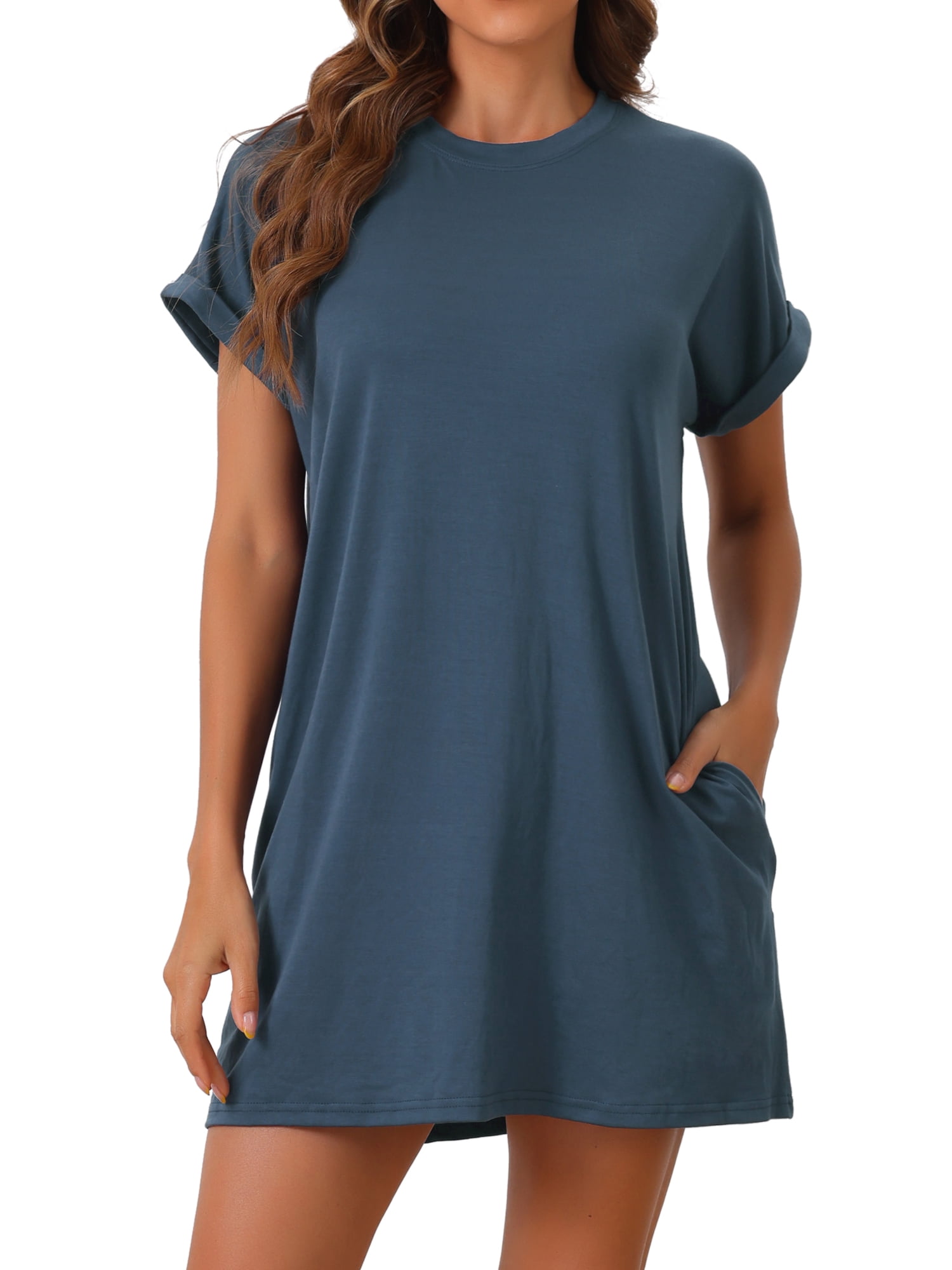 DARING DIVA Women's Short Sleeve Crew Neck Soft Night Dress with Pockets M Blue