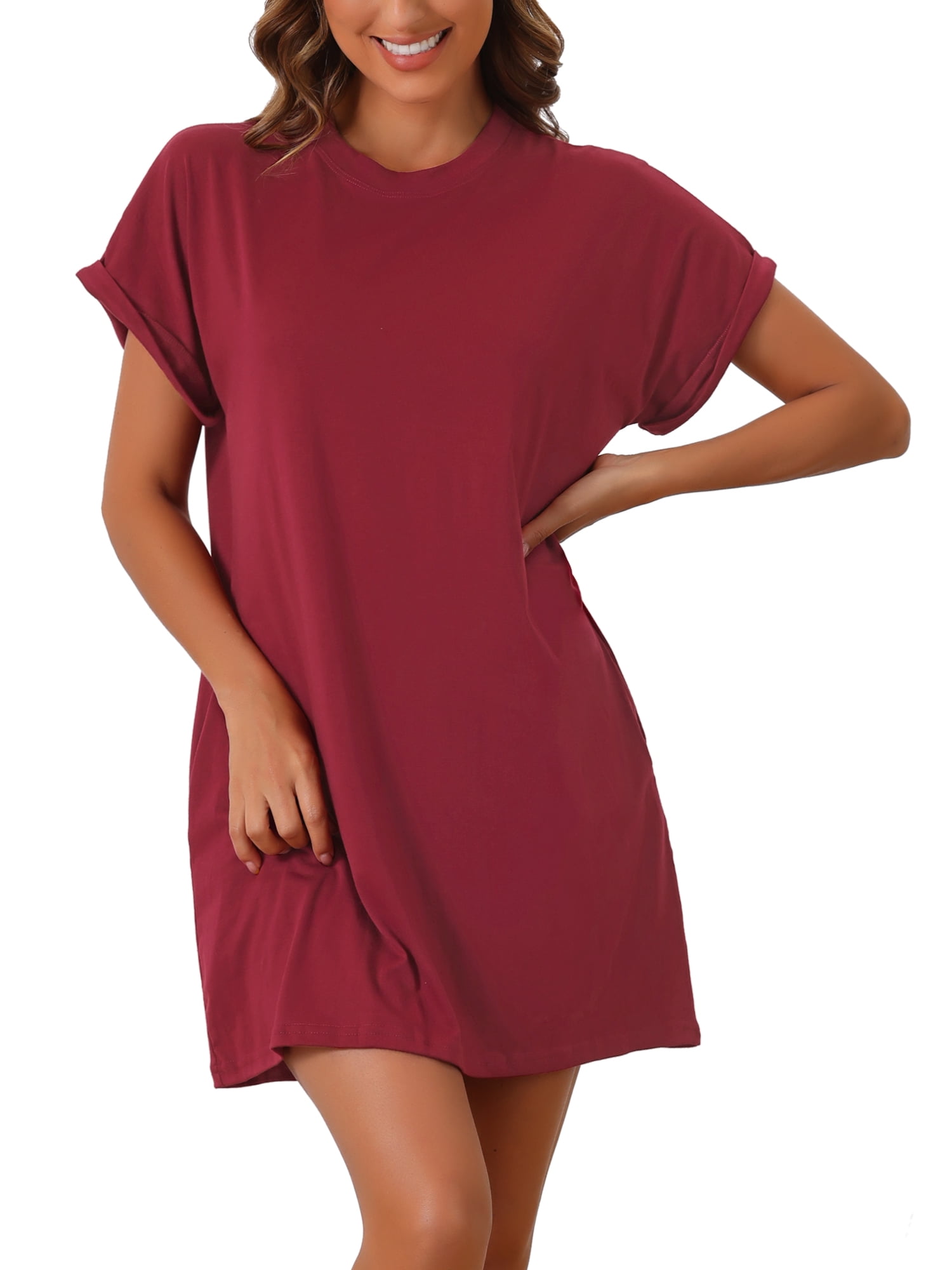 DARING DIVA Women's Short Sleeve Crew Neck Soft Night Dress with Pockets S Red