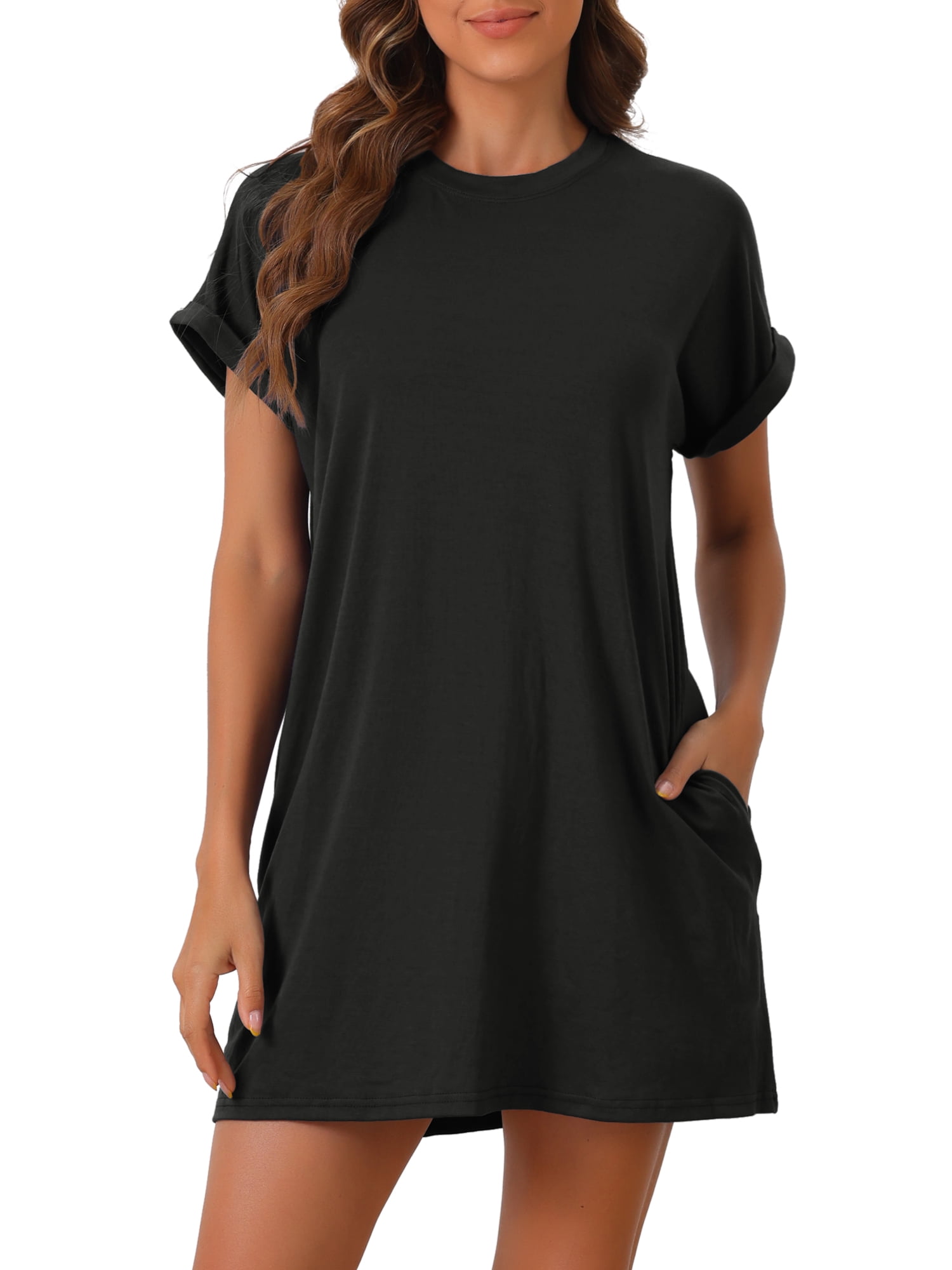 DARING DIVA Women's Short Sleeve Crew Neck Soft Night Dress with Pockets XL Black