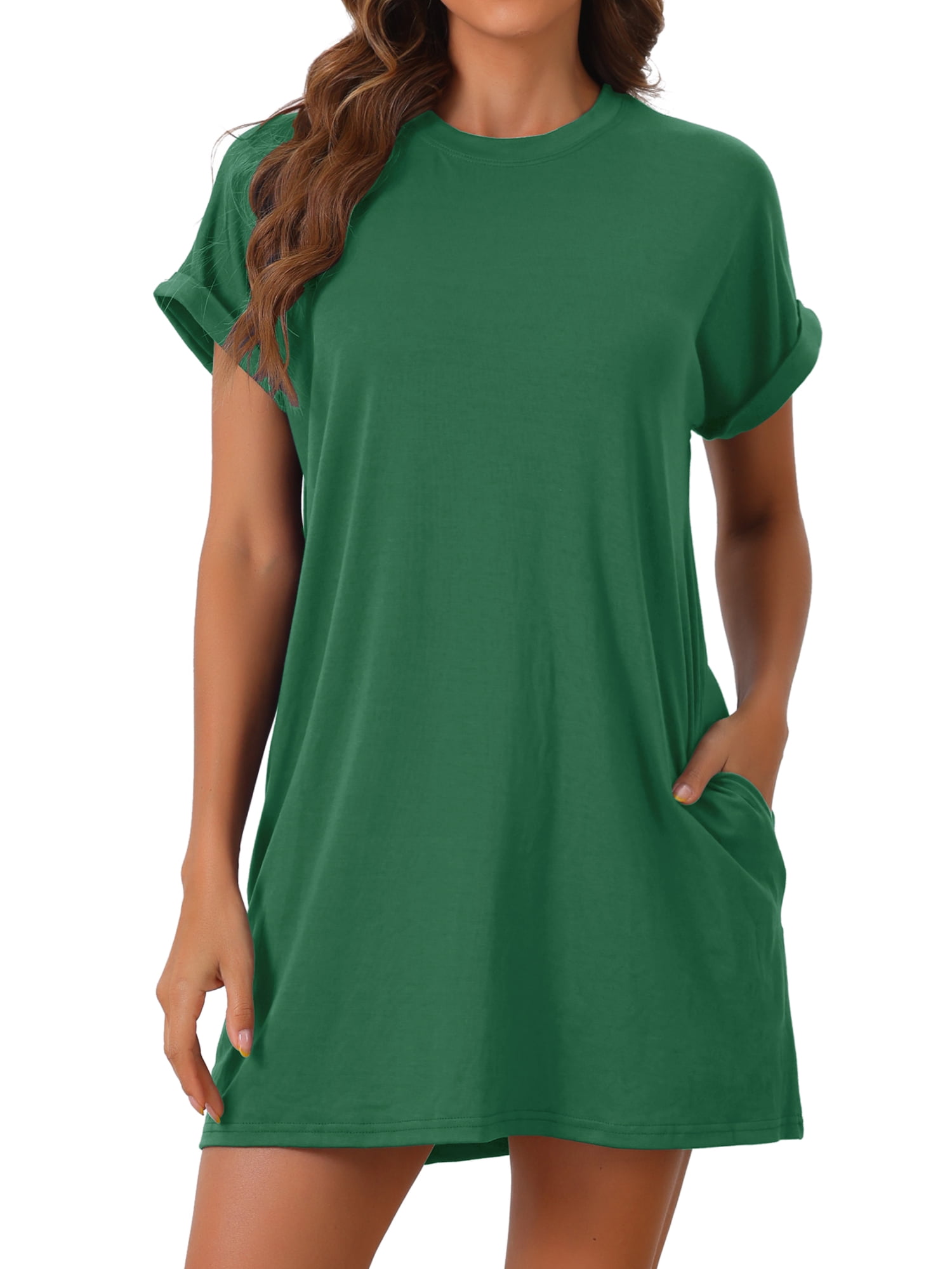 DARING DIVA Women's Short Sleeve Crew Neck Soft Night Dress with Pockets XL Green
