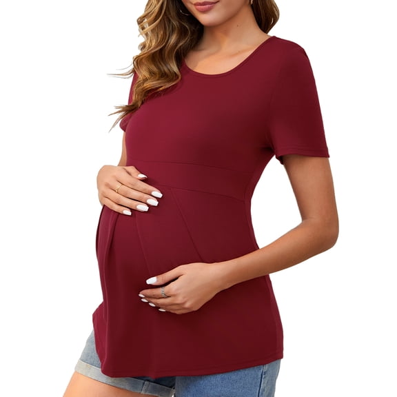 DARING DIVA Women's Short Sleeve Crew Neck Wrinkle Design Maternity Blouses S Red