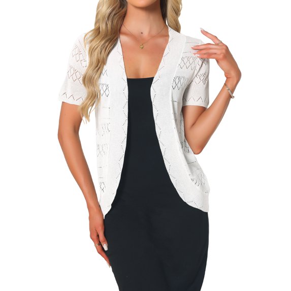 DARING DIVA Women's Short Sleeve Crochet Open Front Knit Cardigan Shrugs S White