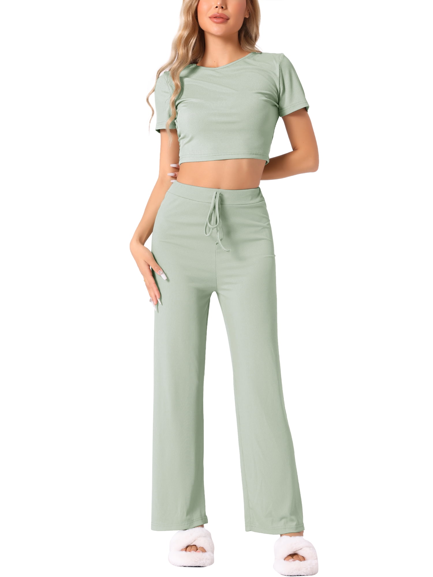 DARING DIVA Women's Short Sleeve Crop Top and Pants Pajama Set S Green
