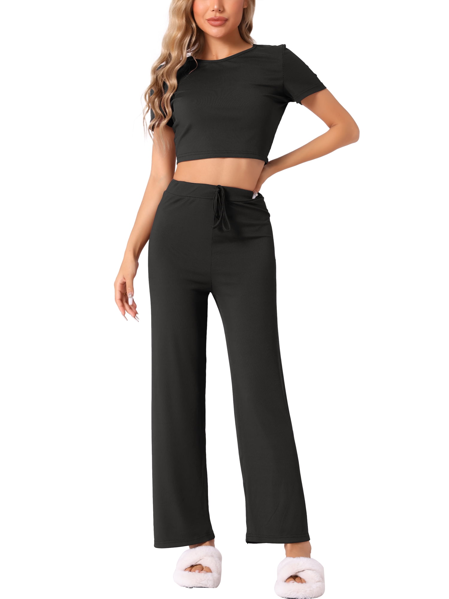 DARING DIVA Women's Short Sleeve Crop Top and Pants Pajama Set XS Black
