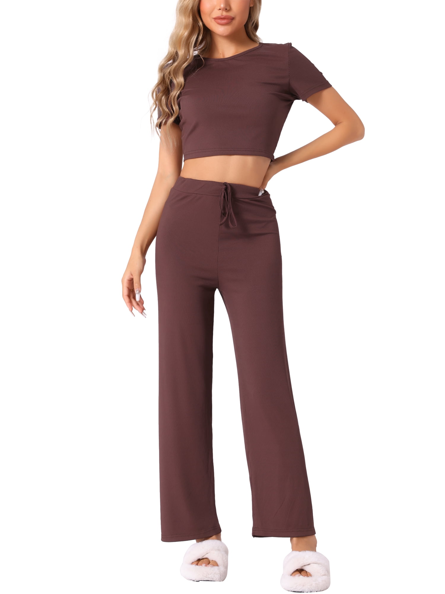 DARING DIVA Women's Short Sleeve Crop Top and Pants Pajama Set XS Brown