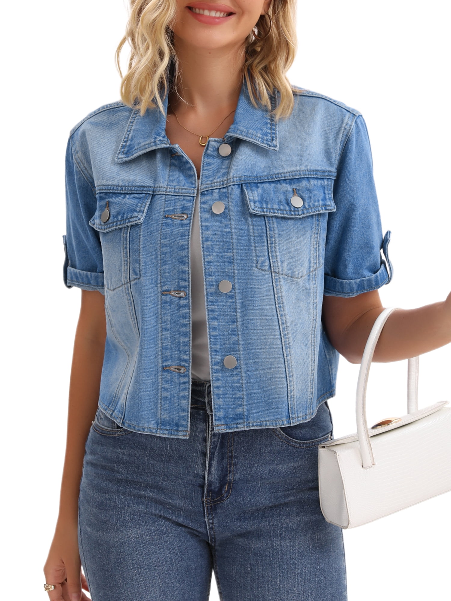 DARING DIVA Women's Short Sleeve Denim Collared Button Up Cropped Jean Jacket 2XL Blue