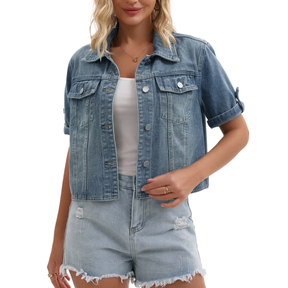 DARING DIVA Women's Short Sleeve Denim Collared Button Up Cropped Jean Jacket M Grey Blue