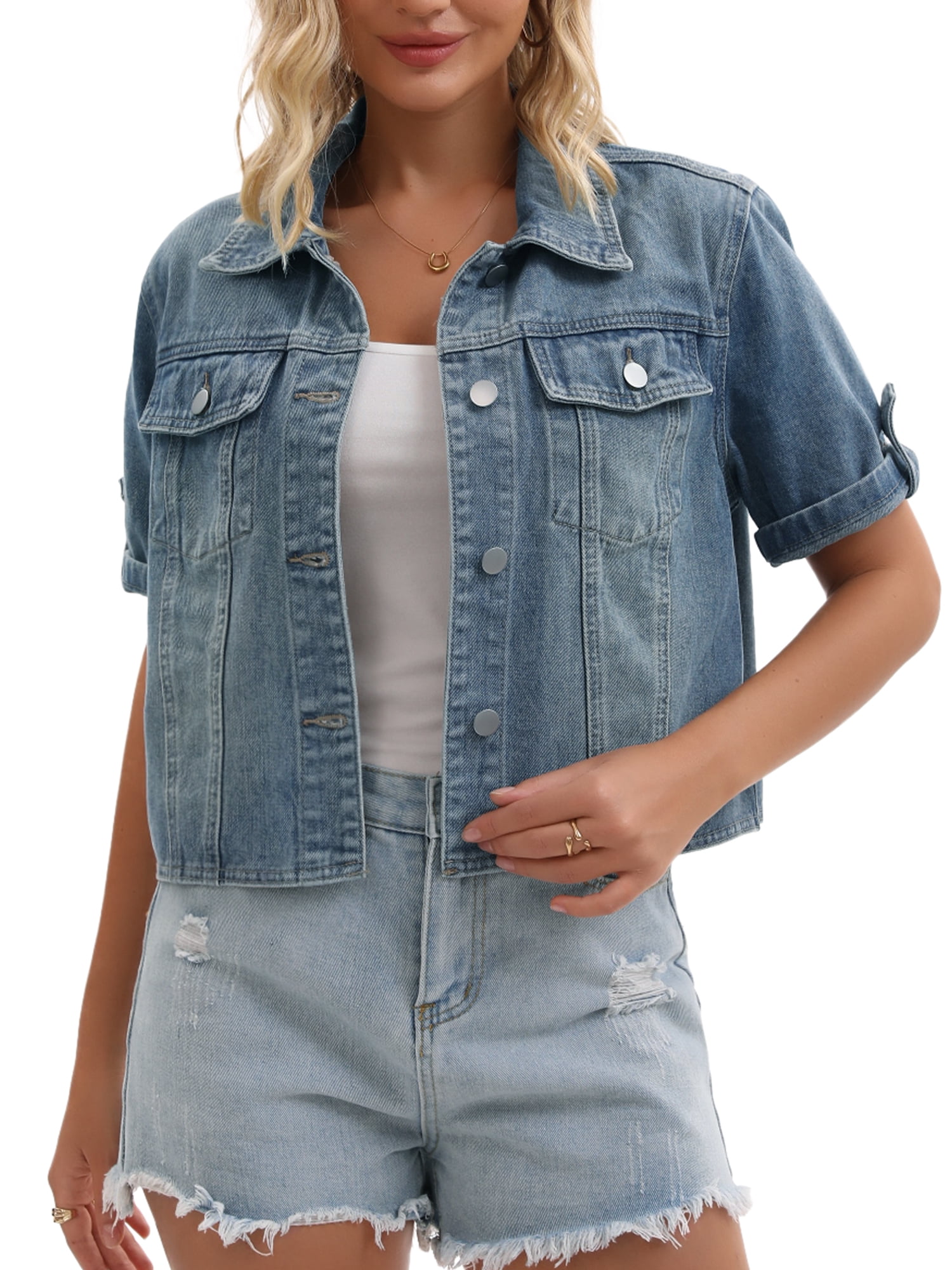 DARING DIVA Women's Short Sleeve Denim Collared Button Up Cropped Jean Jacket XL Grey Blue