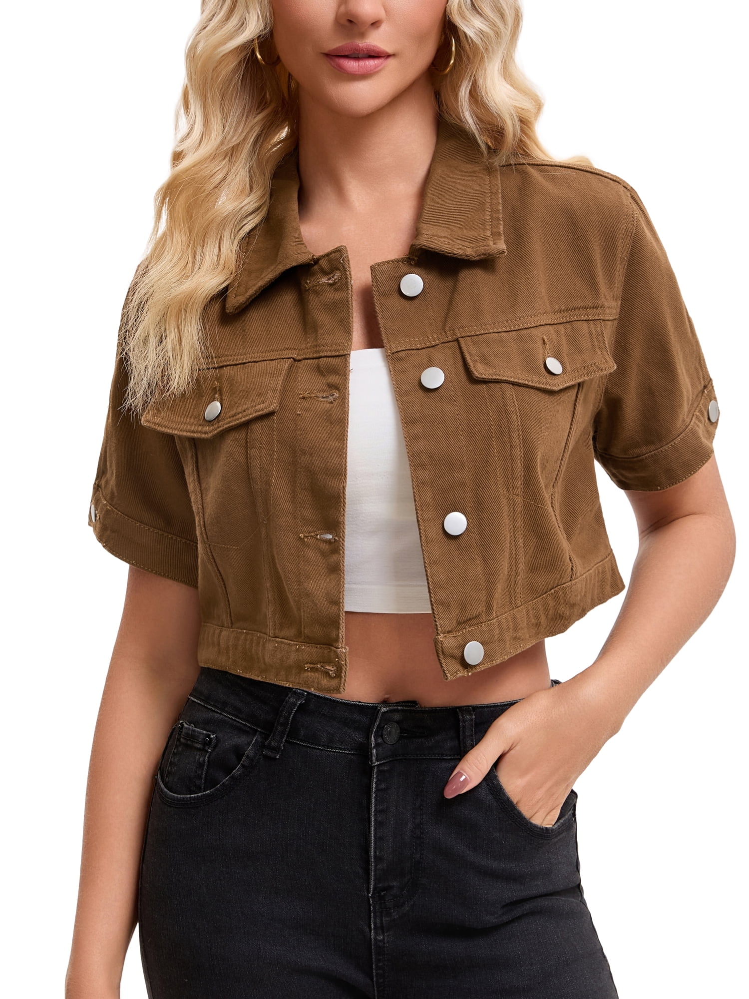 DARING DIVA Women's Short Sleeve Denim Rendy Casual Cropped Jean Jacket 2XL Dark Brown