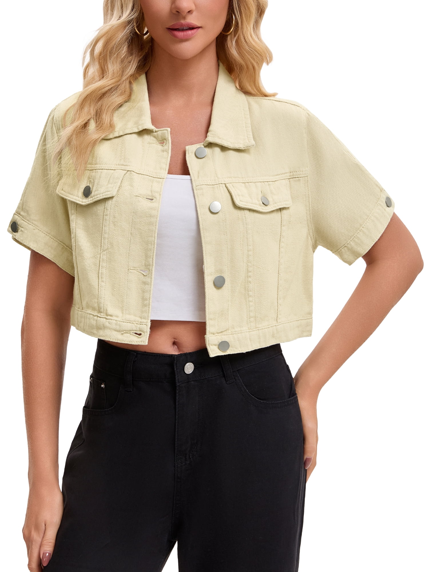 DARING DIVA Women's Short Sleeve Denim Rendy Casual Cropped Jean Jacket L Apricot