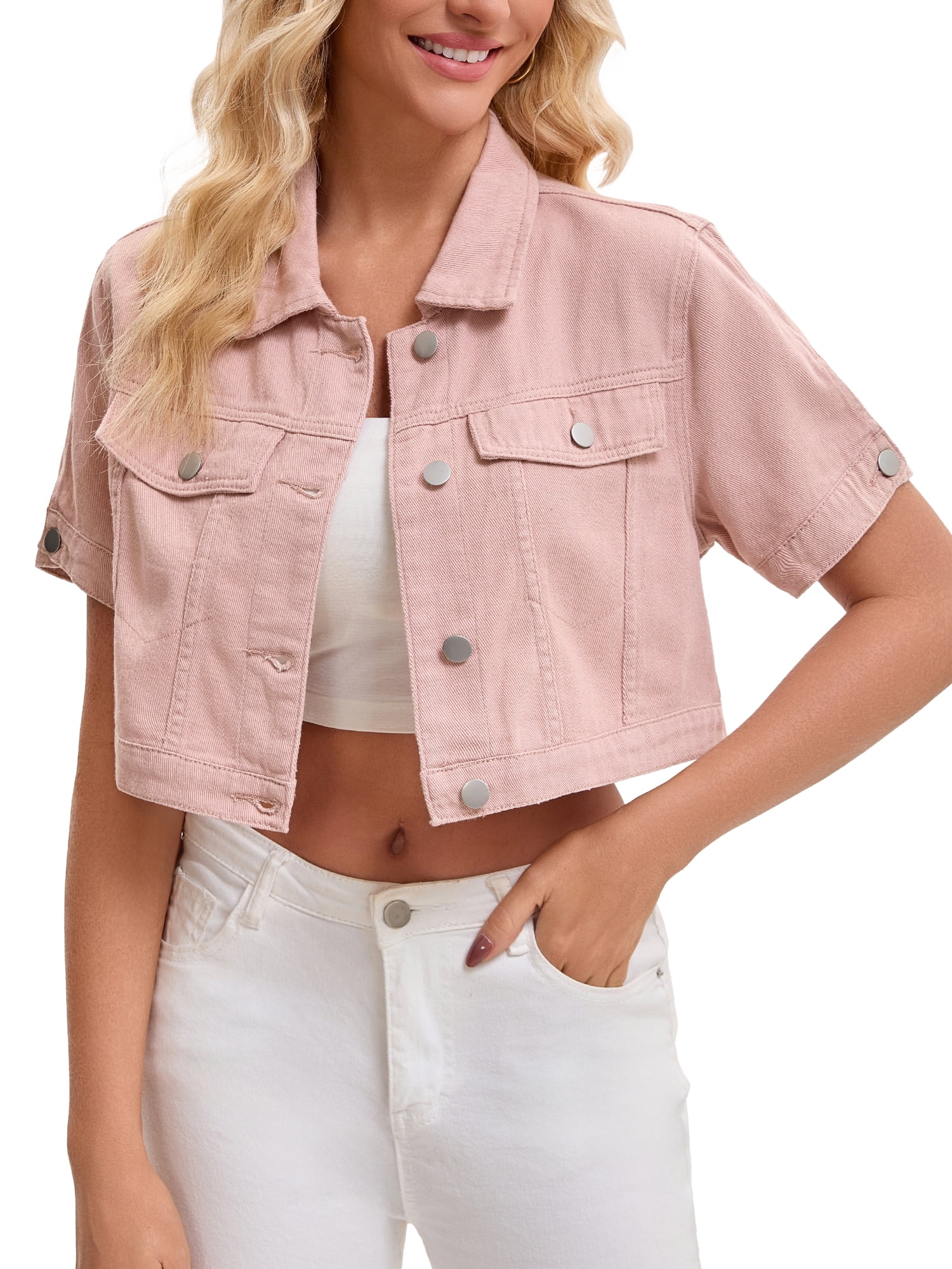 DARING DIVA Women's Short Sleeve Denim Rendy Casual Cropped Jean Jacket M Pink