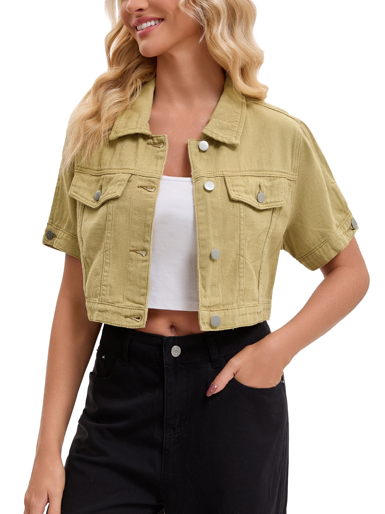 DARING DIVA Women's Short Sleeve Denim Rendy Casual Cropped Jean Jacket S Khaki