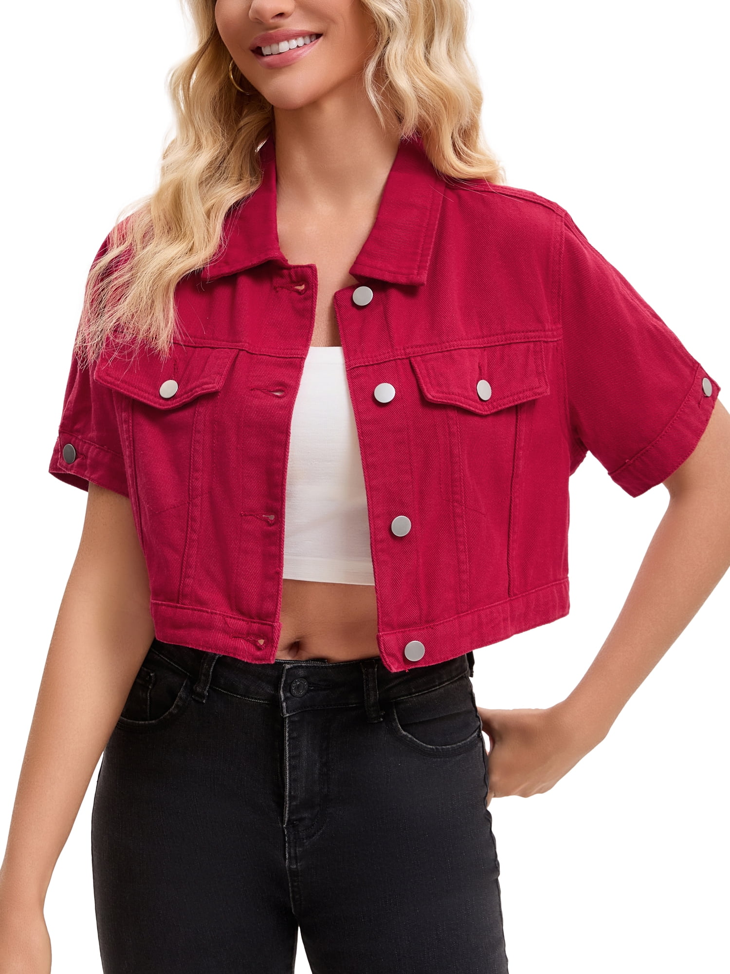 DARING DIVA Women's Short Sleeve Denim Rendy Casual Cropped Jean Jacket XL Dark Red