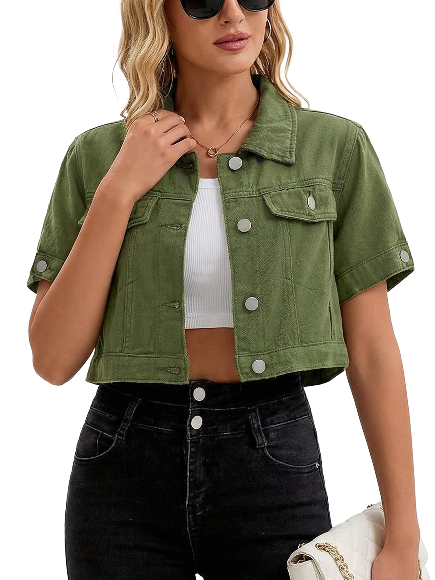 DARING DIVA Women's Short Sleeve Denim rendy Cropped Jean Jacket L Army Green