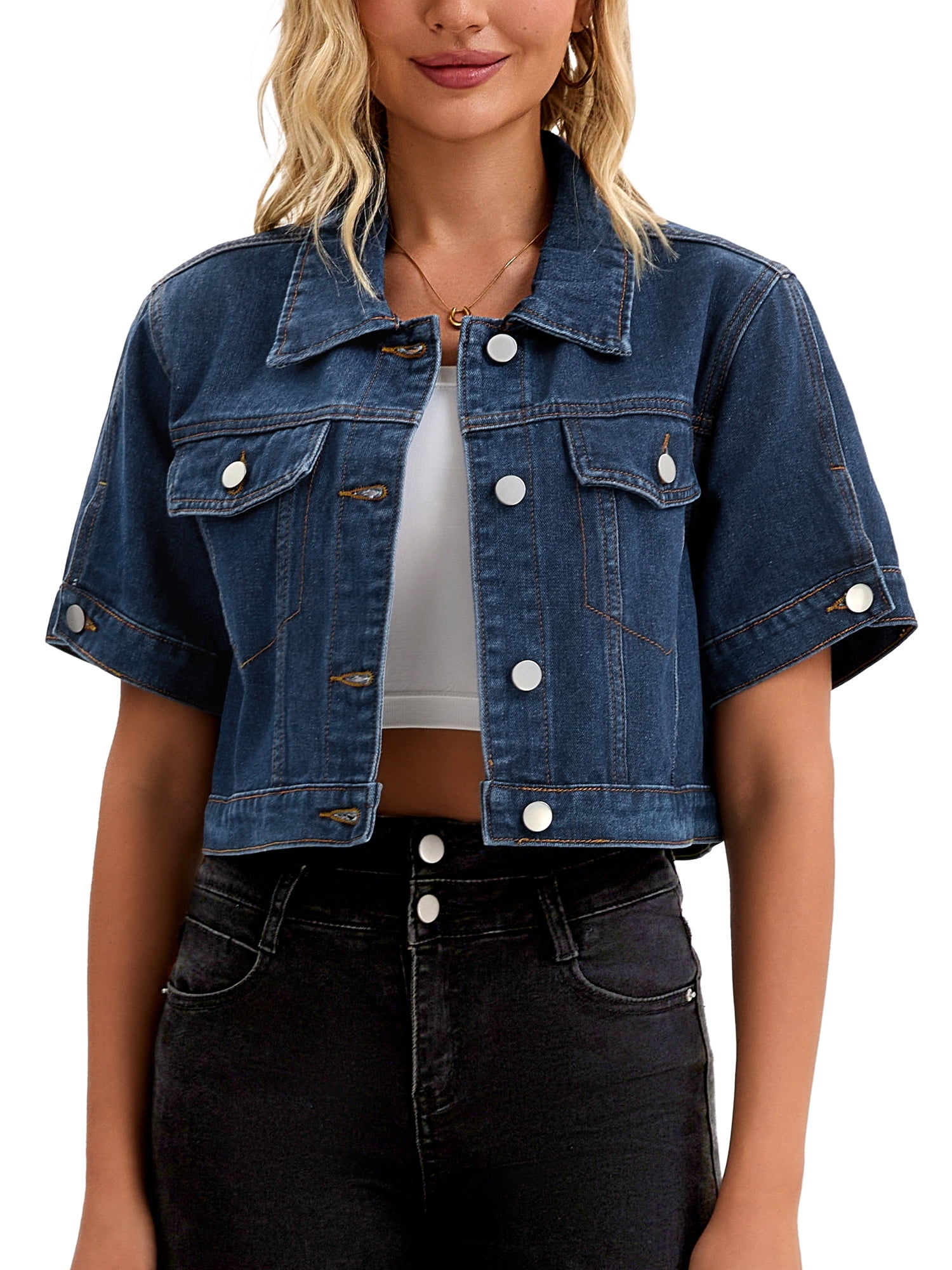 DARING DIVA Women's Short Sleeve Denim rendy Cropped Jean Jacket M Dark Blue