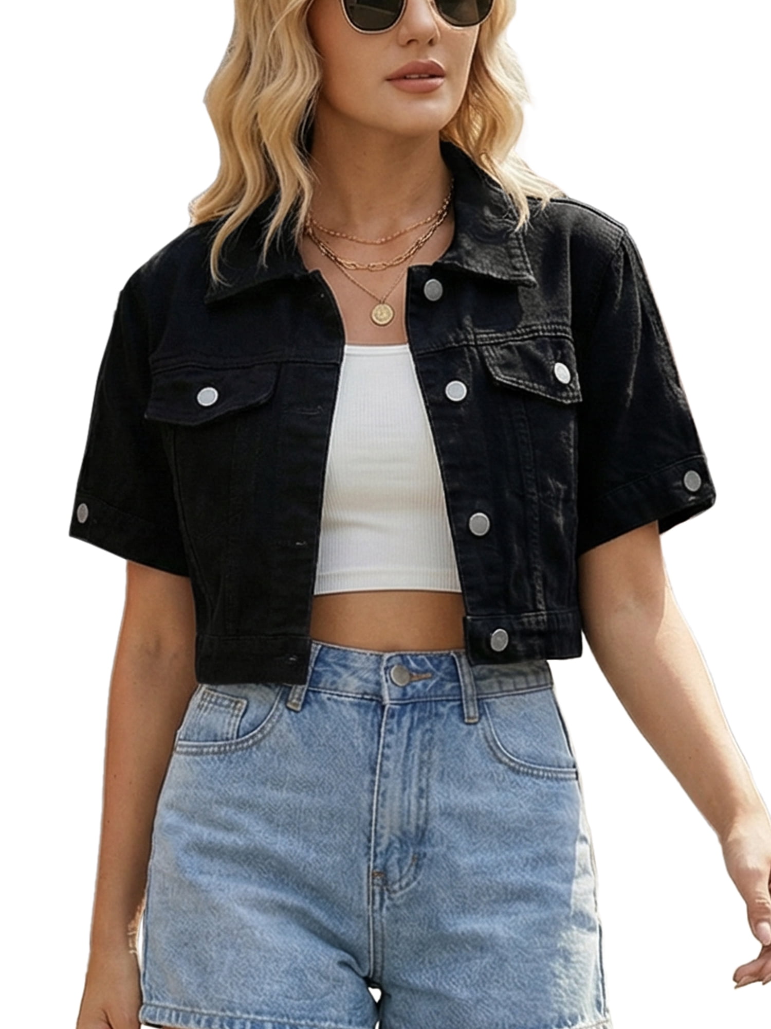 DARING DIVA Women's Short Sleeve Denim rendy Cropped Jean Jacket XL Black