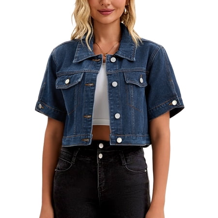 DARING DIVA Women's Short Sleeve Denim rendy Cropped Jean Jacket XL Dark Blue