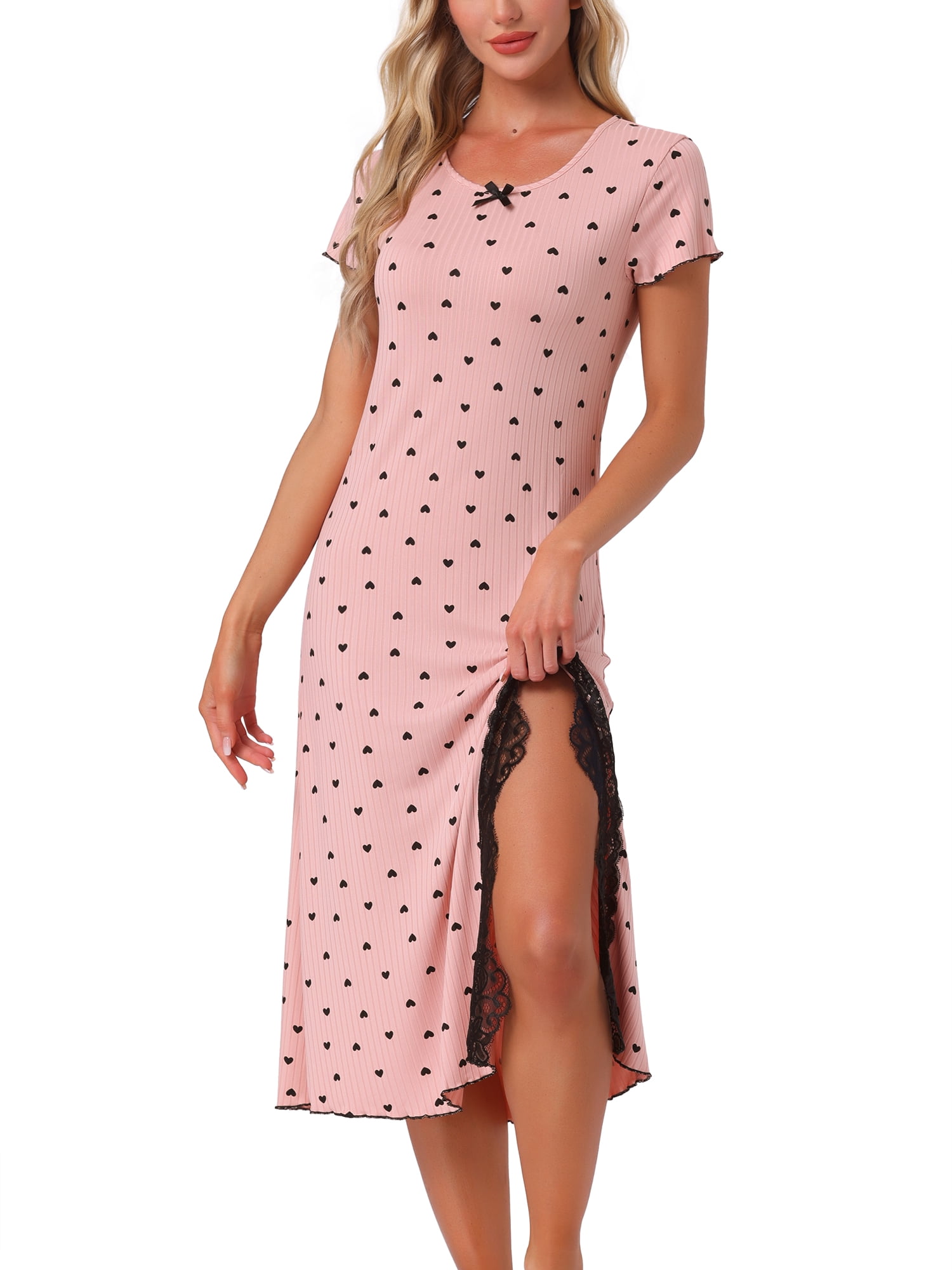 DARING DIVA Women's Short Sleeve Heart Print Lace Trim Ribbed Nightgown S Pink
