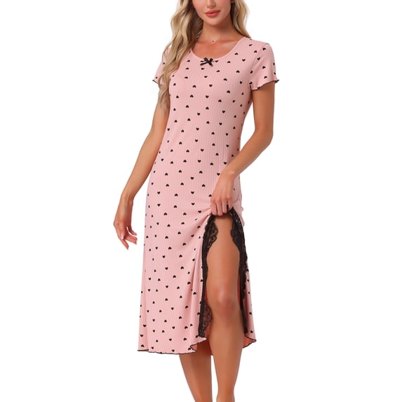 DARING DIVA Women's Short Sleeve Heart Print Lace Trim Ribbed Nightgown S Pink