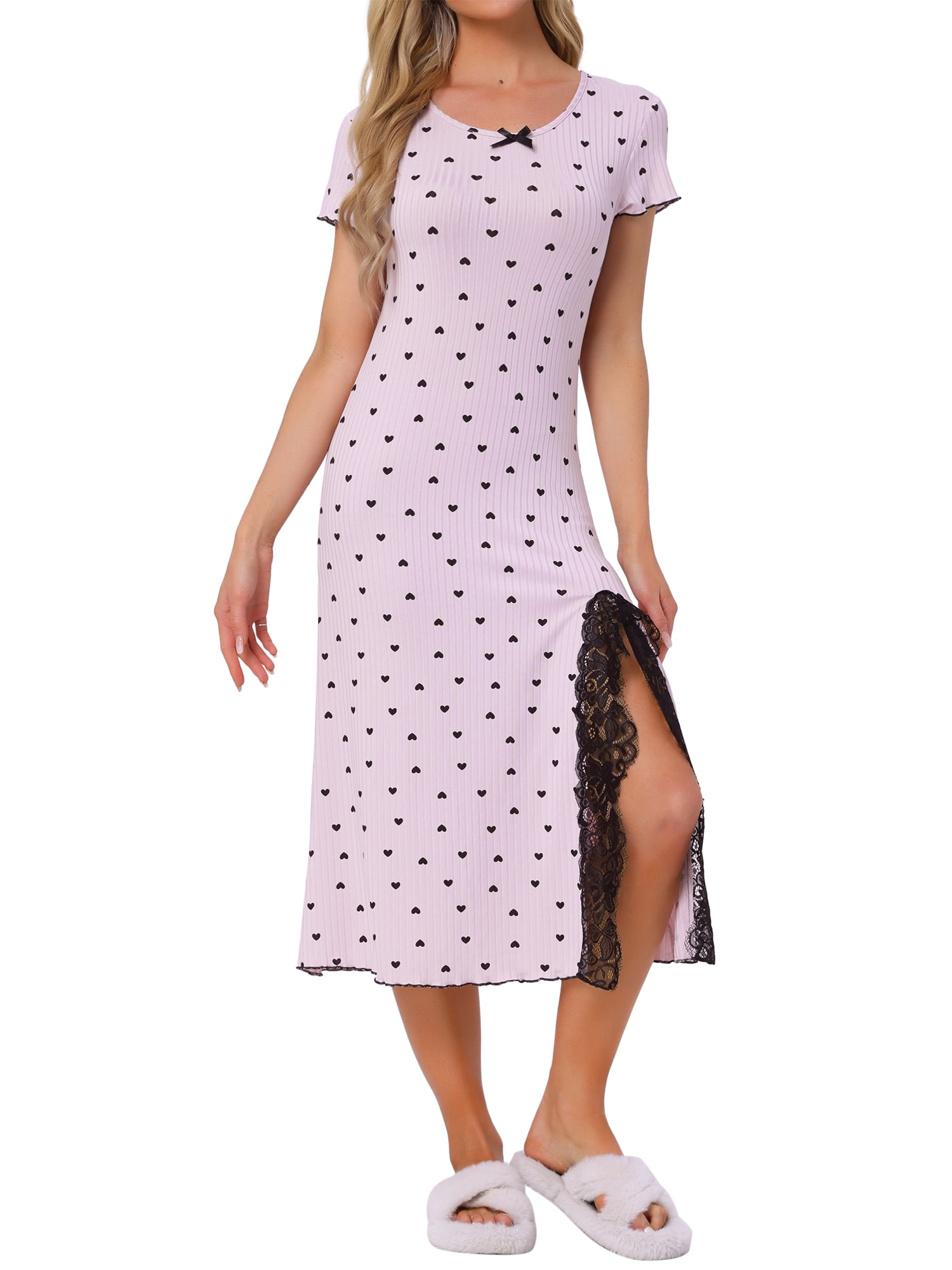 DARING DIVA Women's Short Sleeve Heart Print Lace Trim Ribbed Nightgown S Purple