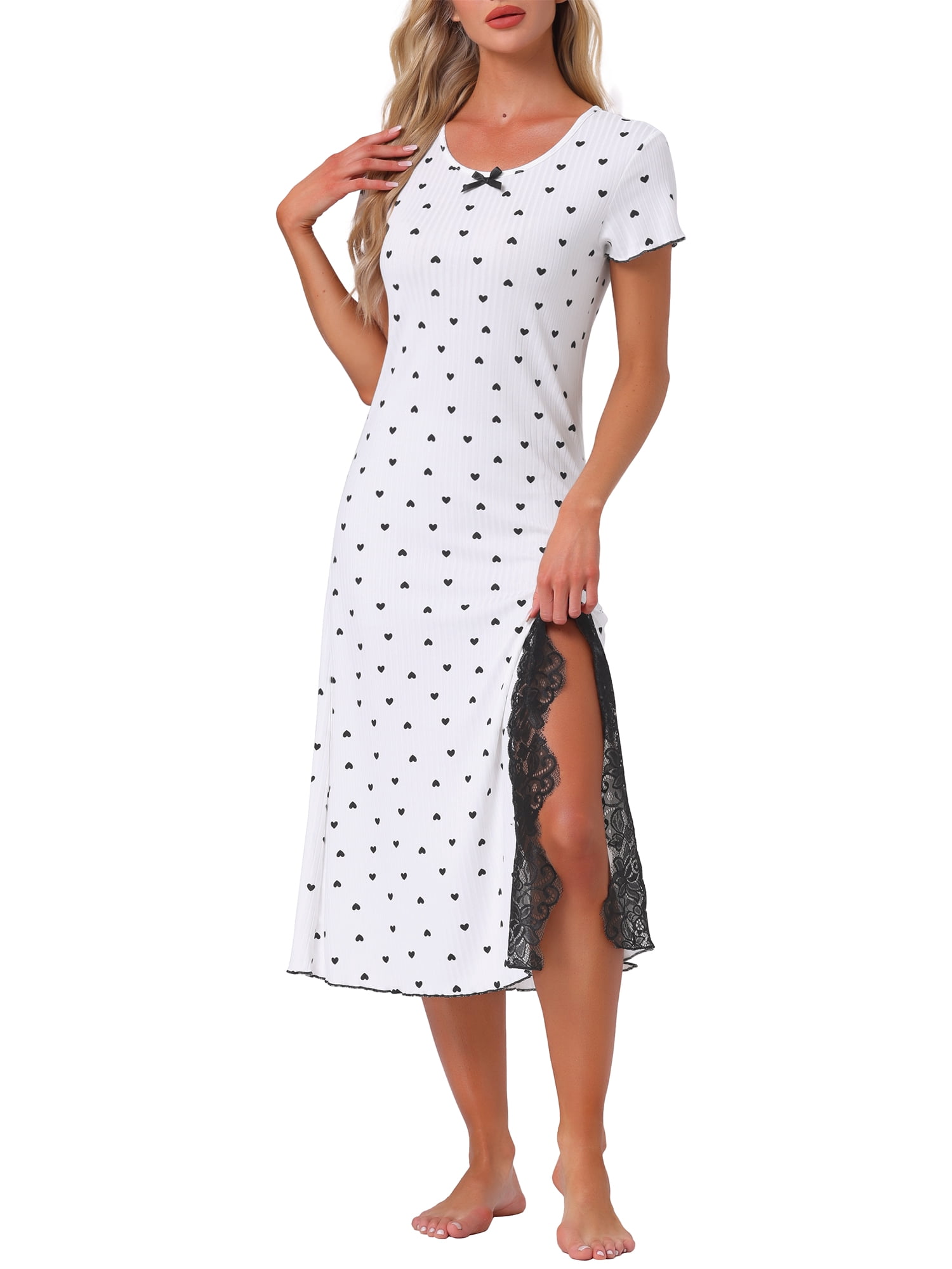 DARING DIVA Women's Short Sleeve Heart Print Lace Trim Ribbed Nightgown S White