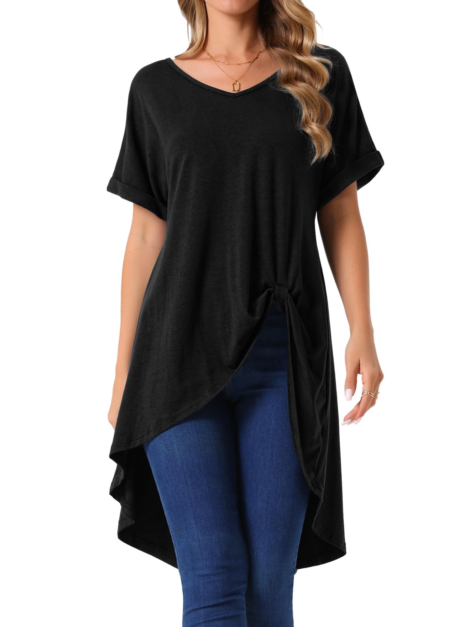 DARING DIVA Women's Short Sleeve High Low Tops Waist Knot Dressy Blouse Black M