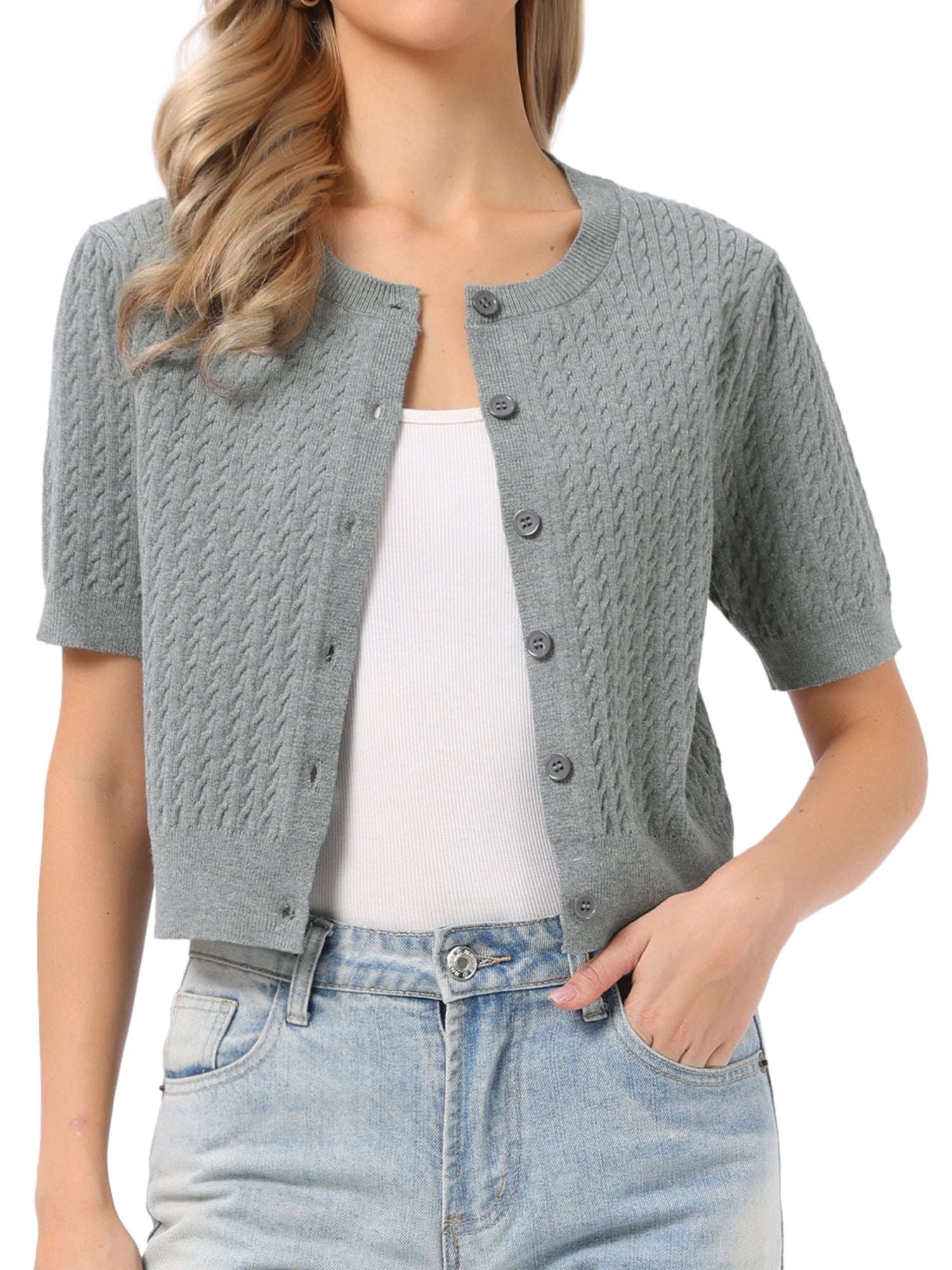 DARING DIVA Women's Short Sleeve Knit Button Down Lightweight Cardigan L Grey