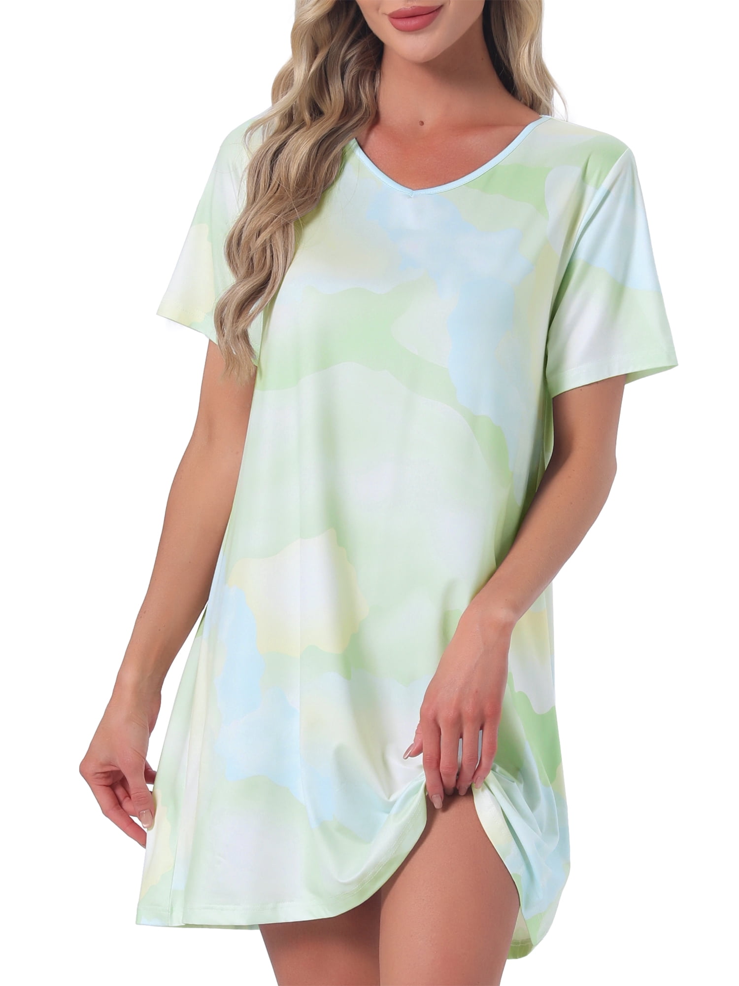 DARING DIVA Women's Short Sleeve Nightgown Soft Stretchy Pajama Dress L Light Green