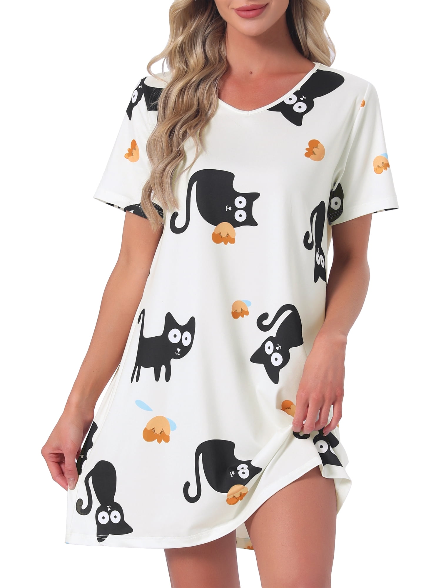 DARING DIVA Women's Short Sleeve Nightgown Soft Stretchy Pajama Dress S Black Cats