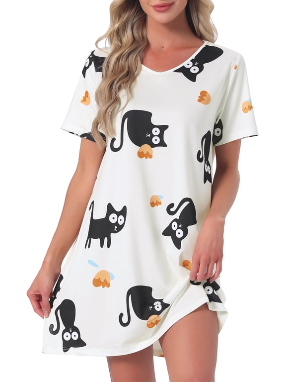 Women's Short Sleeve Nightgown Soft Stretchy Pajama Dress XL Black Cats
