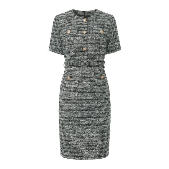 DARING DIVA Women's Short Sleeve Pencil Tweed Crew Neck Sheath Dress with Belted M Black