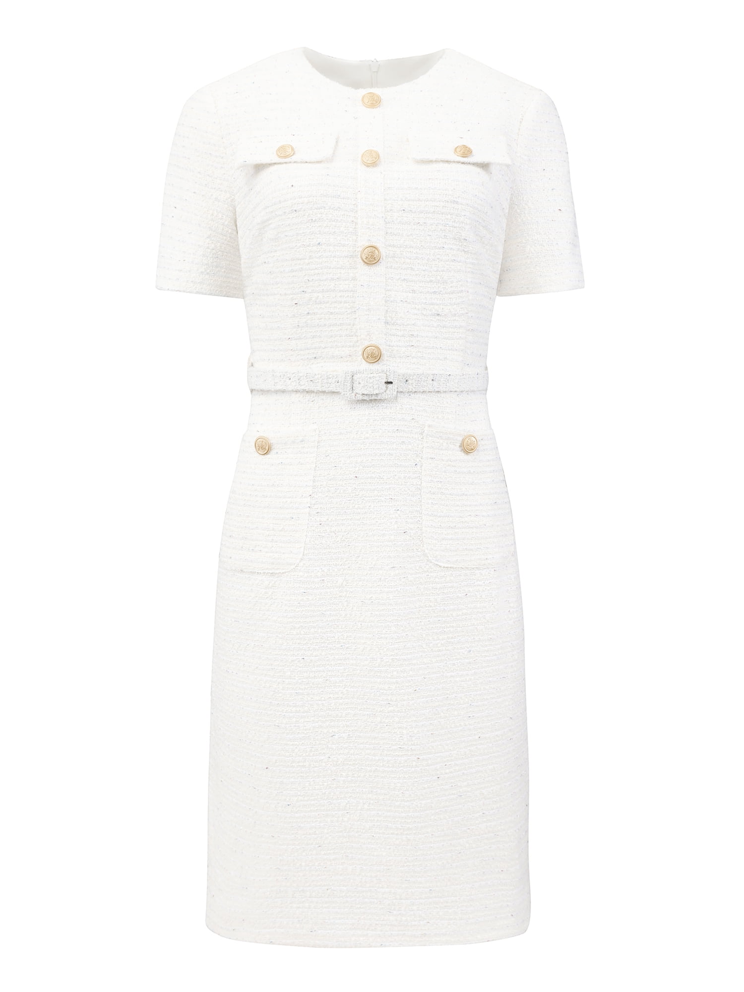 DARING DIVA Women's Short Sleeve Pencil Tweed Sheath Dress with Belted S Beige White