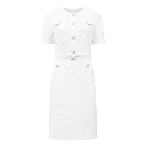 DARING DIVA Women's Short Sleeve Pencil Tweed Sheath Dress with Belted S Beige White