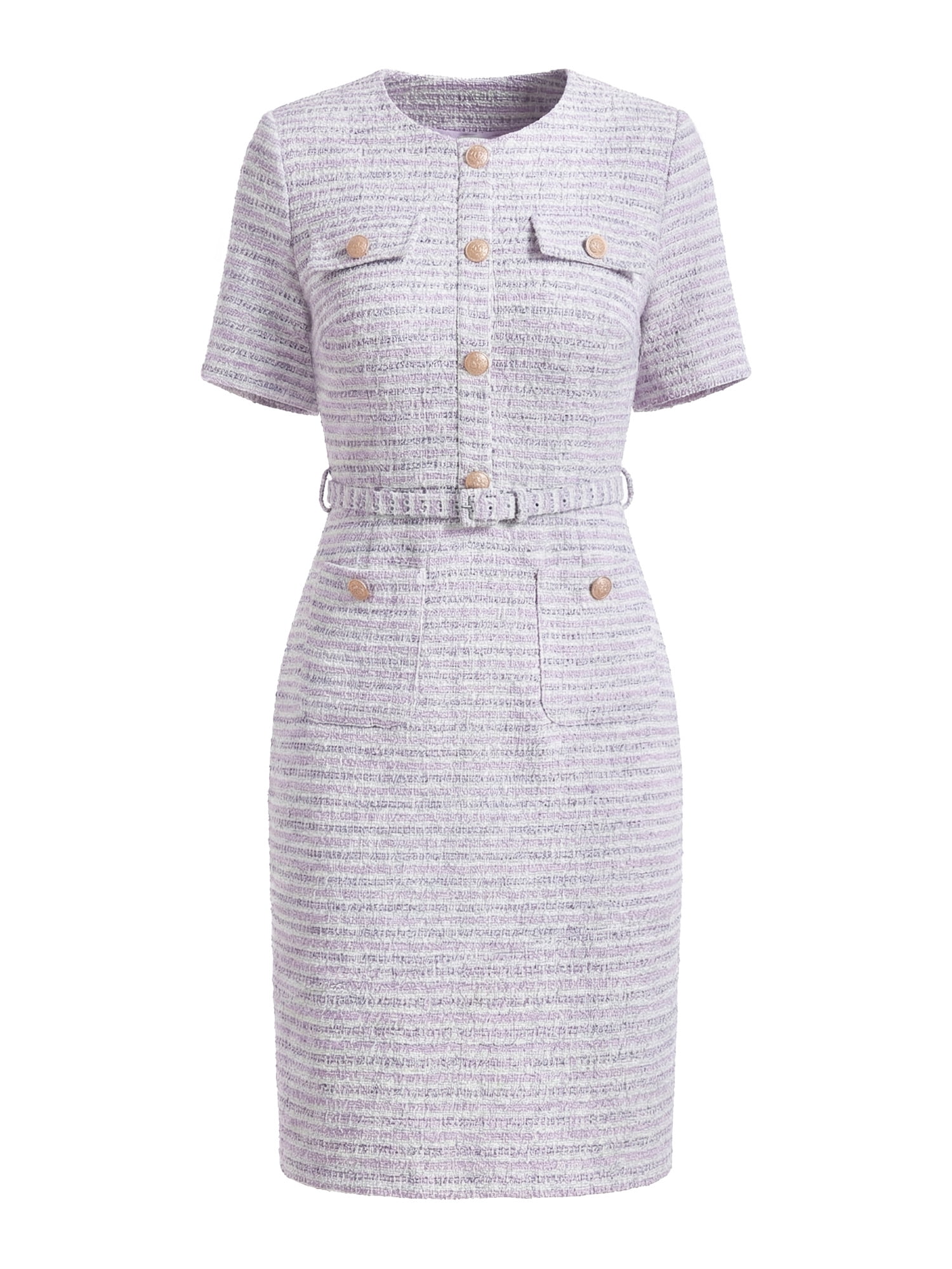 DARING DIVA Women's Short Sleeve Pencil Tweed Sheath Dress with Belted S Pink Purple