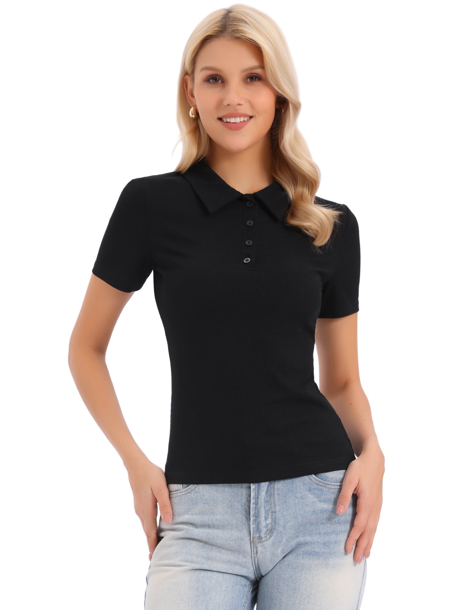 DARING DIVA Women's Short Sleeve Polo Shirts Collared V Neck Button Up Tops M Black