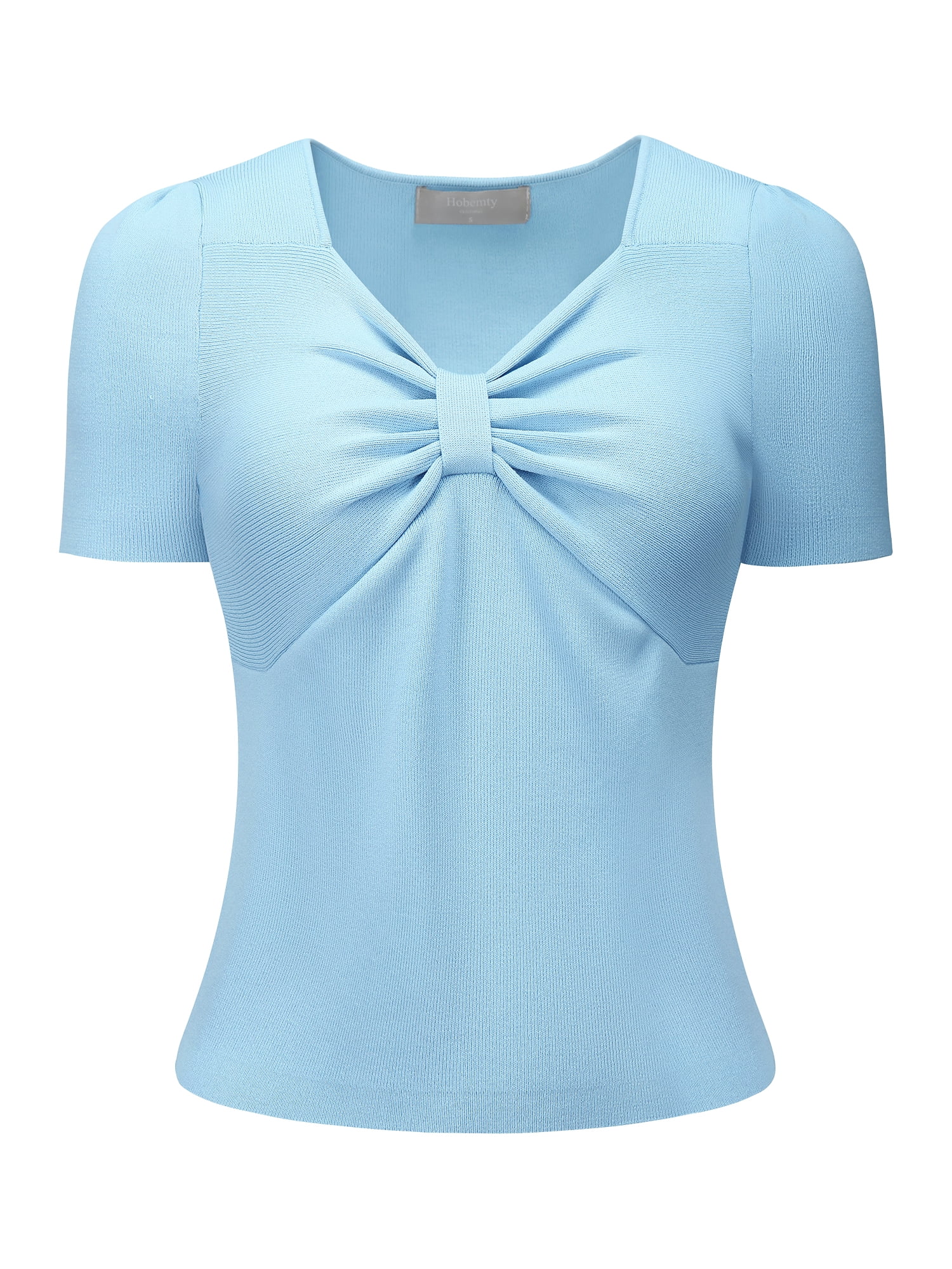 DARING DIVA Women's Short Sleeve Ribbed Sweetheart Neck Slim Fitted Top XL Light Blue