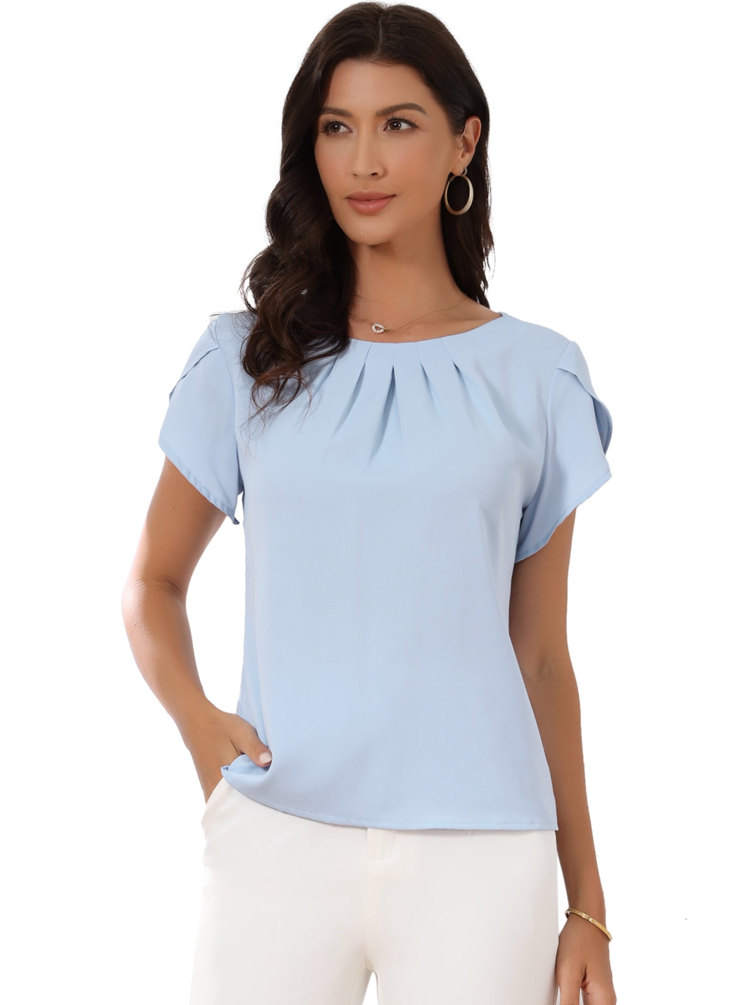 DARING DIVA Women's Short Sleeve Round Neck Pleated Front Work Blouses XL Light Blue